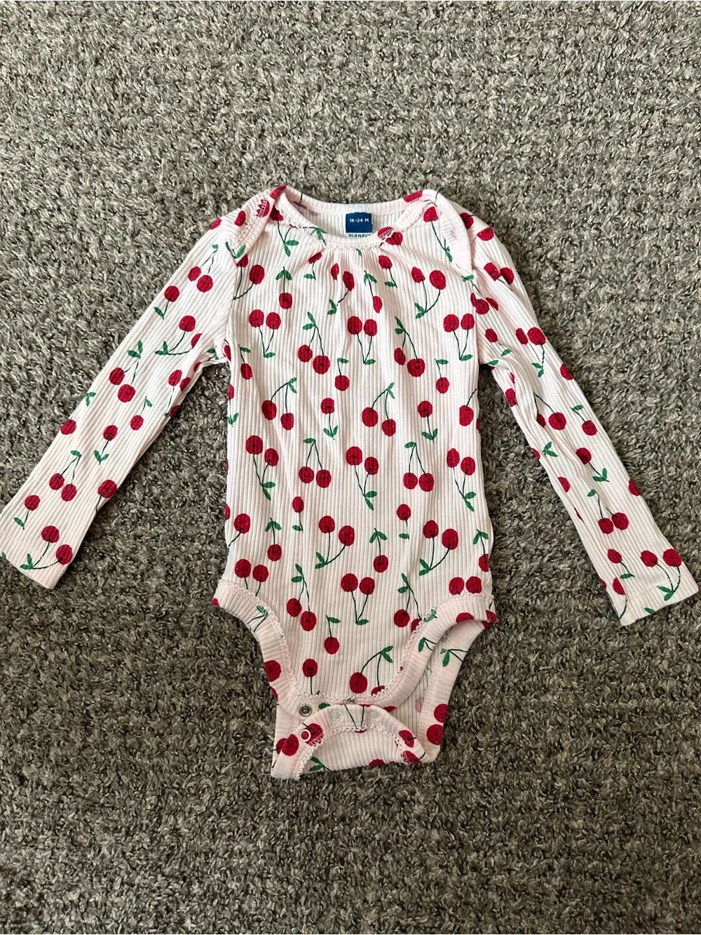 Old Navy Pink Long-Sleeve Cherry Print One-Piece Bodysuit